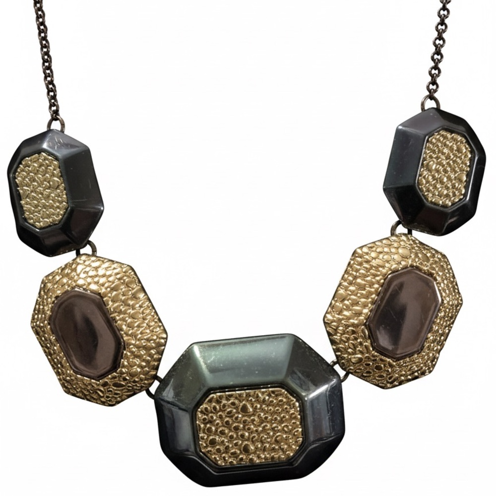 Black Octagon & Hammered Silver Necklace | Geometric Statement - Picture 8 of 8